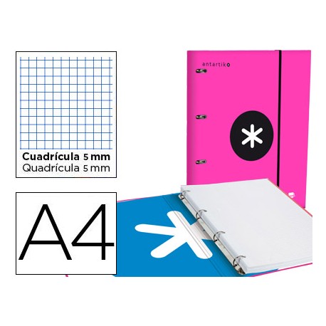 CARPETA CON RECAMBIO LIDERPAPEL ANTARTIK A4 CUADRO 5 MM FORRADA 4 ANILLAS 25MM COLOR ROSA