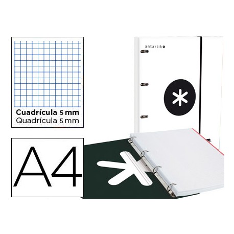 CARPETA CON RECAMBIO LIDERPAPEL ANTARTIK A4 CUADRO 5 MM FORRADA 4 ANILLAS 25MM COLOR BLANCO