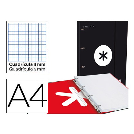 CARPETA CON RECAMBIO LIDERPAPEL ANTARTIK A4 CUADRO 5 MM FORRADA 4 ANILLAS 25MM COLOR NEGRO