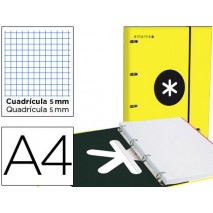 CARPETA CON RECAMBIO LIDERPAPEL ANTARTIK A4 CUADRO 5 MM FORRADA 4 ANILLAS 25MM COLOR AMARILLO