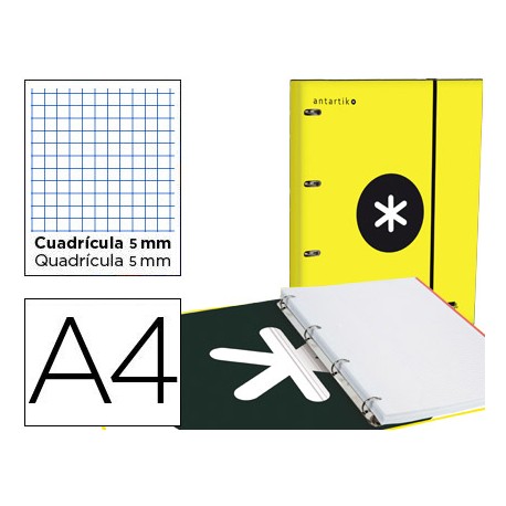 CARPETA CON RECAMBIO LIDERPAPEL ANTARTIK A4 CUADRO 5 MM FORRADA 4 ANILLAS 25MM COLOR AMARILLO