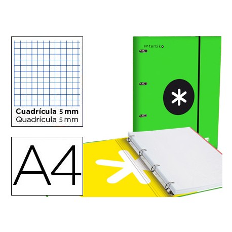 CARPETA CON RECAMBIO LIDERPAPEL ANTARTIK A4 CUADRO 5 MM FORRADA 4 ANILLAS 25MM COLOR VERDE