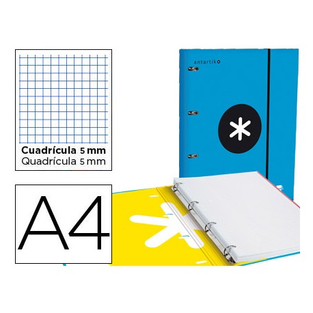 CARPETA CON RECAMBIO LIDERPAPEL ANTARTIK A4 CUADRO 5 MM FORRADA 4 ANILLAS 25MM COLOR AZUL
