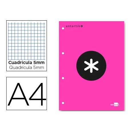 BLOC ENCOLADO LIDERPAPEL ANTARTIK CUADRO 5 MM A4 NATURAL 100 H 100 GR COLOR ROSA