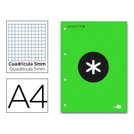 BLOC ENCOLADO LIDERPAPEL ANTARTIK CUADRO 5 MM A4 NATURAL 100 H 100 GR COLOR VERDE