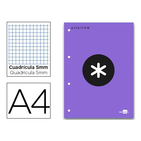 BLOC ENCOLADO LIDERPAPEL ANTARTIK CUADRO 5 MM A4 NATURAL 100 H 100 GR COLOR VIOLETA