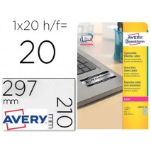 ETIQUETA ADHESIVA AVERY POLIESTER PLATA 210X297 MM PARA IMPRESORA LASER PACK DE 20 UNIDADES