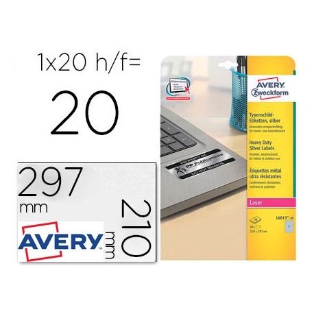 ETIQUETA ADHESIVA AVERY POLIESTER PLATA 210X297 MM PARA IMPRESORA LASER PACK DE 20 UNIDADES