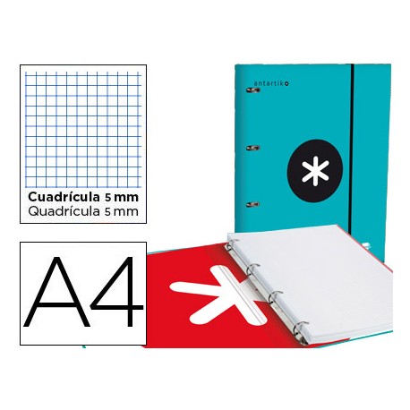 CARPETA CON RECAMBIO LIDERPAPEL ANTARTIK A4 CUADRO 5 MM FORRADA 4 ANILLAS 25MM COLOR TURQUESA