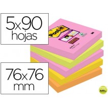 BLOC DE NOTAS ADHESIVAS QUITA Y PON POST-IT SUPER STICKY 76X76 MM CON 90 HOJAS PACK DE 5 BLOC COLORE