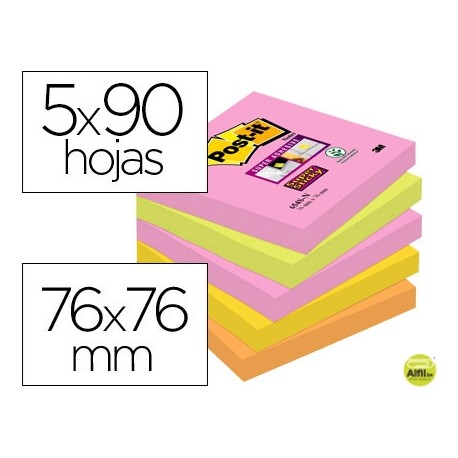 BLOC DE NOTAS ADHESIVAS QUITA Y PON POST-IT SUPER STICKY 76X76 MM CON 90 HOJAS PACK DE 5 BLOC COLORE