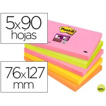 BLOC DE NOTAS ADHESIVAS QUITA Y PON POST-IT SUPER STICKY 76X127 MM CON 90 HOJAS PACK DE 5 BLOC COLOR