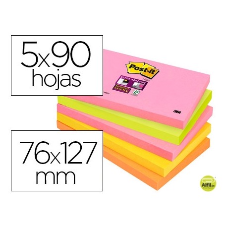BLOC DE NOTAS ADHESIVAS QUITA Y PON POST-IT SUPER STICKY 76X127 MM CON 90 HOJAS PACK DE 5 BLOC COLOR