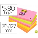 BLOC DE NOTAS ADHESIVAS QUITA Y PON POST-IT SUPER STICKY 76X127 MM CON 90 HOJAS PACK DE 5 BLOC COLOR