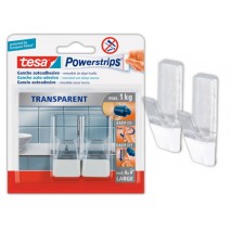 GANCHO AUTOADHESIVO TESA POWERSTRIPS GRANDE TRANSPARENTE/ACERO + TIRAS SUJECION HASTA 1 KG