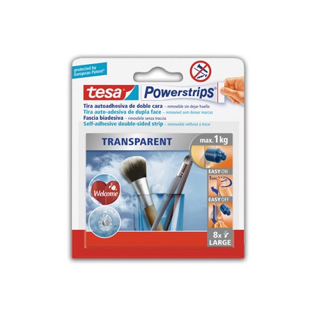 TIRA AUTOADHESIVA TESA DOBLE CARA POWERSTRING TRANSPARENTE SUJECION HASTA 1 KG BLISTER DE 8 UNIDADES