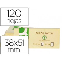 BLOC DE NOTAS ADHESIVAS QUITA Y PON Q-CONNECT 38X51 MM PAPEL RECICLADO AMARILLO CON 120 HOJAS