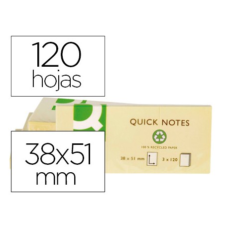BLOC DE NOTAS ADHESIVAS QUITA Y PON Q-CONNECT 38X51 MM PAPEL RECICLADO AMARILLO CON 120 HOJAS