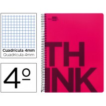 BLOC ESPIRAL LIDERPAPEL CUARTO THINK TAPA POLIPROPILENO 80 H 80G CUADRO 4 MM CON MARGEN COLOR ROJO