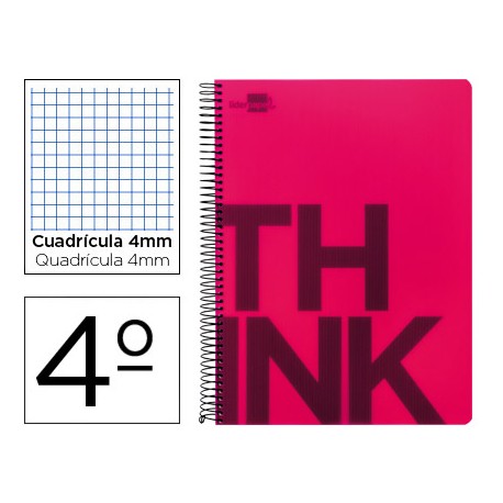 BLOC ESPIRAL LIDERPAPEL CUARTO THINK TAPA POLIPROPILENO 80 H 80G CUADRO 4 MM CON MARGEN COLOR ROJO