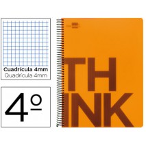 BLOC ESPIRAL LIDERPAPEL CUARTO THINK TAPA POLIPROPILENO 80 H 80G CUADRO 4 MM CON MARGEN COLOR NARANJ