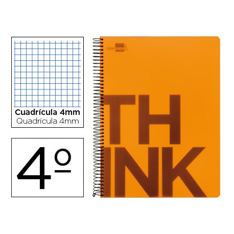 BLOC ESPIRAL LIDERPAPEL CUARTO THINK TAPA POLIPROPILENO 80 H 80G CUADRO 4 MM CON MARGEN COLOR NARANJ