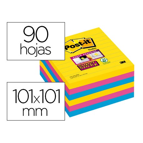 BLOC DE NOTAS ADHESIVAS QUITA Y PON POST-IT SUPER STICKY 101X101 MM CON 90 HOJAS RAYADO PACK DE 6 BL