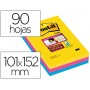 BLOC DE NOTAS ADHESIVAS QUITA Y PON POST-IT SUPER STICKY 101X152 MM CON 90 HOJAS RAYADO PACK DE 3 BL