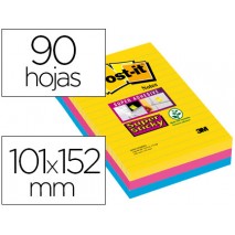 BLOC DE NOTAS ADHESIVAS QUITA Y PON POST-IT SUPER STICKY 101X152 MM CON 90 HOJAS RAYADO PACK DE 3 BL