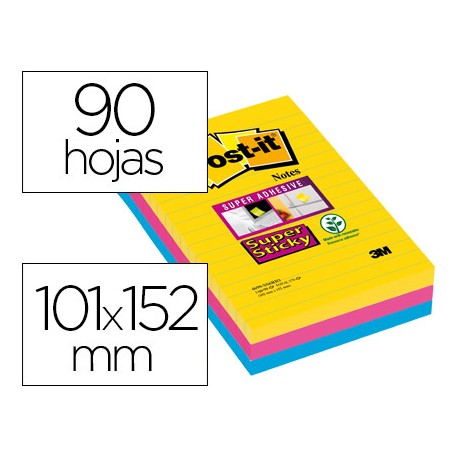 BLOC DE NOTAS ADHESIVAS QUITA Y PON POST-IT SUPER STICKY 101X152 MM CON 90 HOJAS RAYADO PACK DE 3 BL