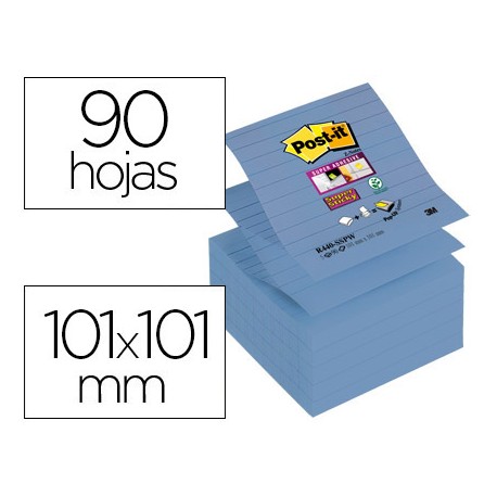 BLOC DE NOTAS ADHESIVAS QUITA Y PON POST-IT SUPER STICKY RAYADO 76X76 MM 90 HOJAS Z-NOTES AZUL