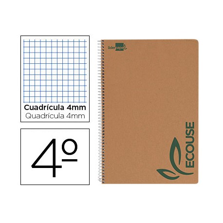 BLOC ESPIRAL LIDERPAPEL CUARTO ECOUSE TAPA CARTULINA KRAFT 80 HOJAS PAPEL RECICLADO 60 GR CUADRO 4 M