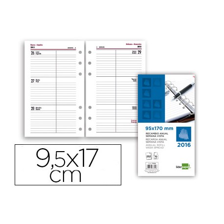RECAMBIO AGENDA ANILLAS LIDERPAPEL AÑO 2016 SEMANA VISTA 95X170MM