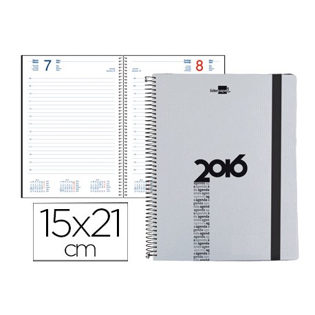 AGENDA DE ESPIRAL LIDERPAPEL OLBIA 15X21 CM 2016 DIA PAGINA TAPA POLIPROPILENO METALIZADO GRIS PAPEL