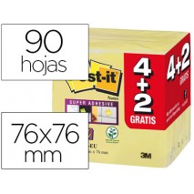 BLOC DE NOTAS ADHESIVAS QUITA Y PON POST-IT SUPER STICKY 76X76 MM AMARILLO CANARIO 90 HOJAS PACK 4+2
