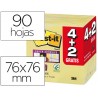 BLOC DE NOTAS ADHESIVAS QUITA Y PON POST-IT SUPER STICKY 76X76 MM AMARILLO CANARIO 90 HOJAS PACK 4+2