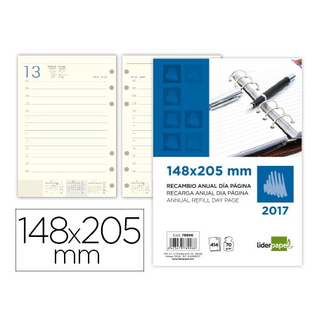 RECAMBIO AGENDA ANILLAS LIDERPAPEL 14,8X20,5 CM 2017 DIA PAGINA