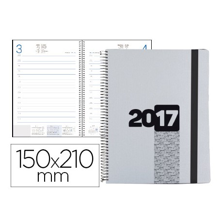 AGENDA DE ESPIRAL LIDERPAPEL OLBIA 15X21 CM 2017 DIA PAGINA TAPA POLIPROPILENO METALIZADO GRIS PAPEL