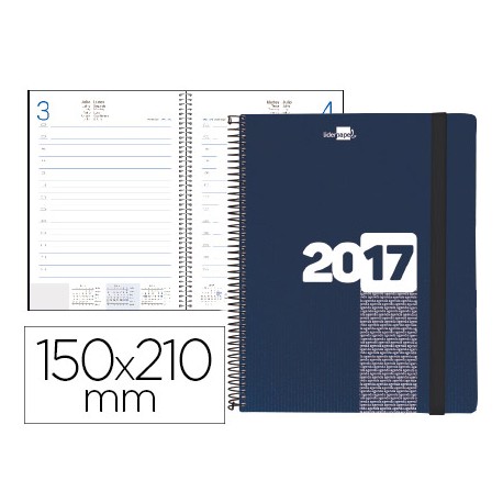 AGENDA DE ESPIRAL LIDERPAPEL OLBIA 15X21 CM 2017 DIA PAGINA TAPA POLIPROPILENO METALIZADO AZUL PAPEL