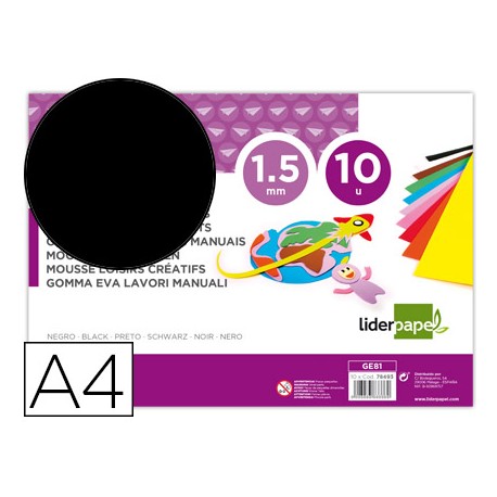 GOMA EVA LIDERPAPEL DIN A4 60G/M2 ESPESOR 1,5MM NEGRO PAQUETE DE 10 HOJAS